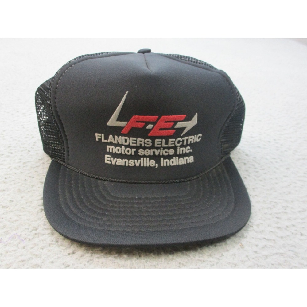 Vintage Trucker Hat Cap Snapback Black Flanders Electric Foam Mesh Evansville
